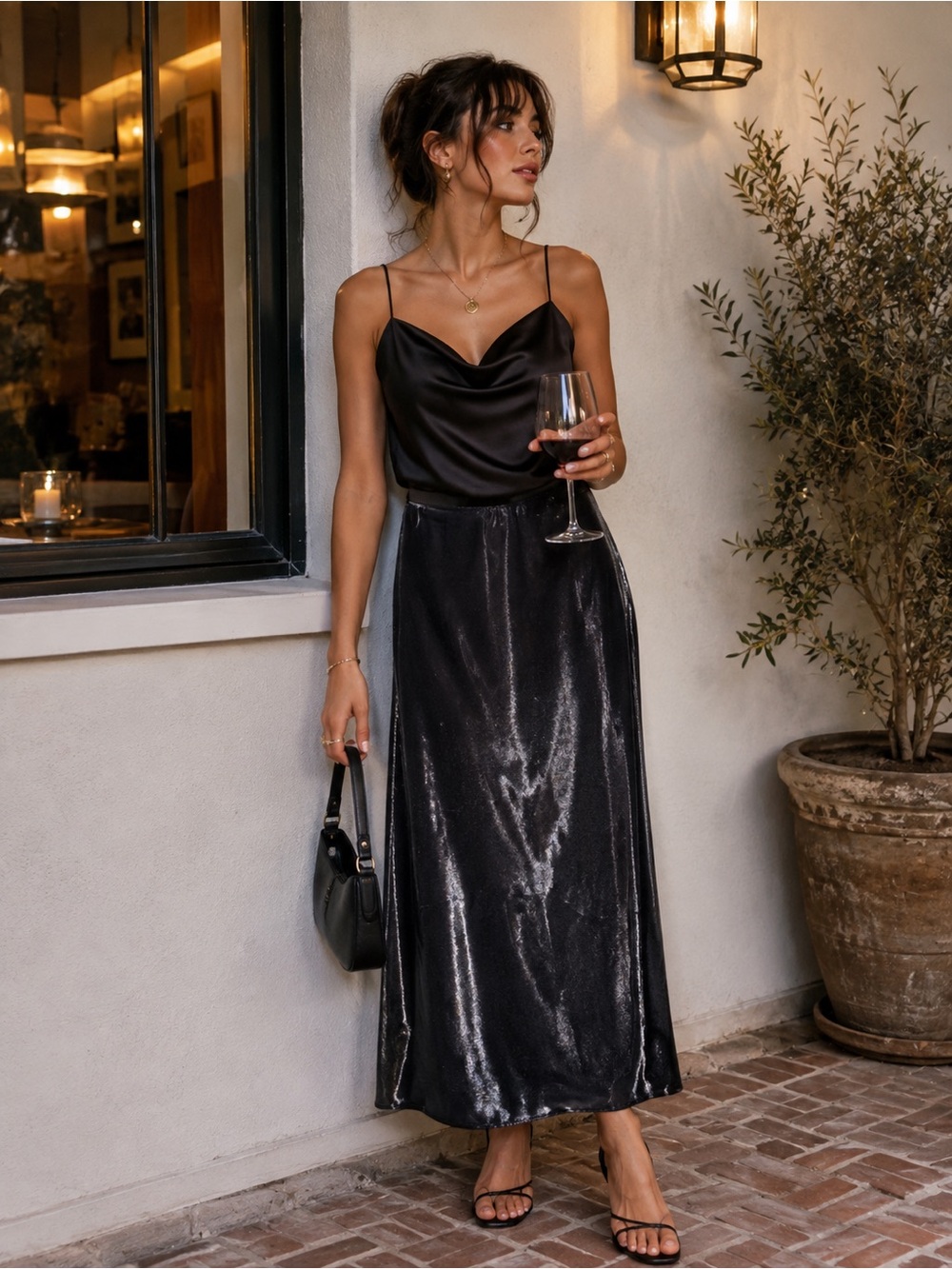 Vintage Scott McClintock Black Satin Maxi Skirt 90s Evening Y2K Size 10